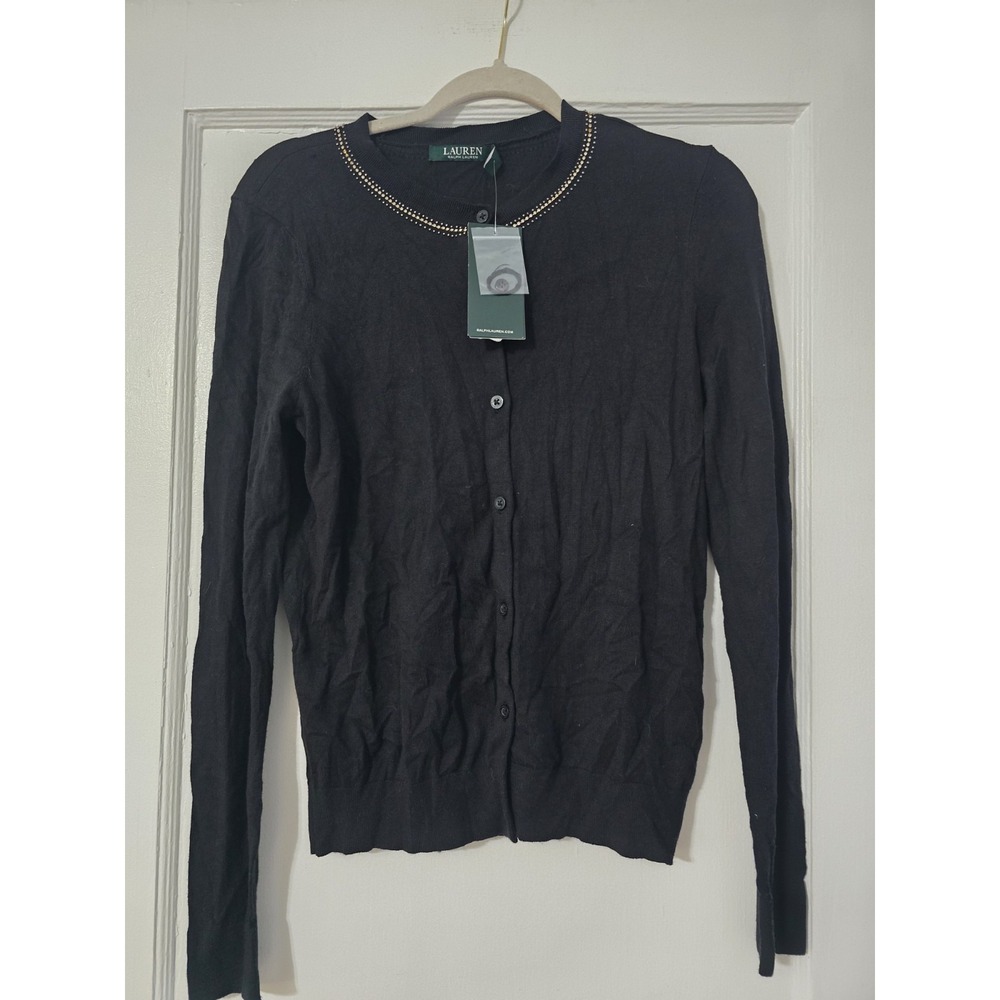 Lauren Ralph Lauren Size Medium Black Beaded Cotton Blend Cardigan Sweater NWT